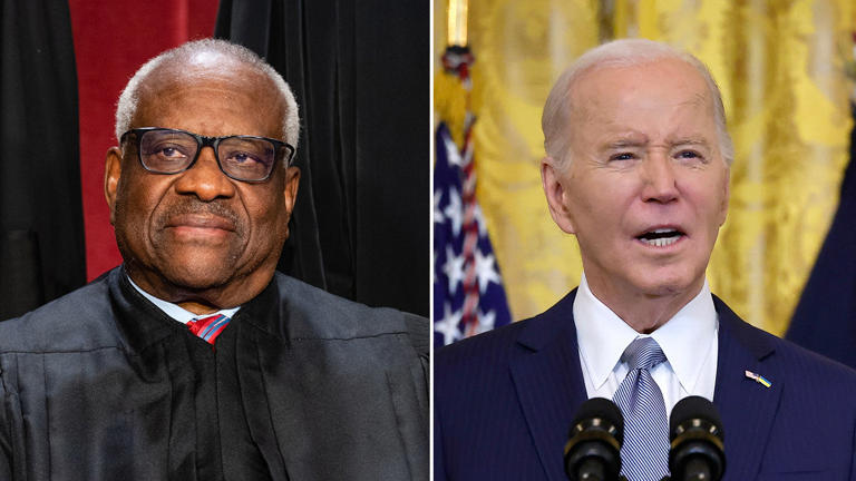 Supreme Court Justice Clarence Thomas and President Joe Biden. Left: Eric Lee/Bloomberg via Getty Images, Right: (Photo by Chip Somodevilla/Getty Images)