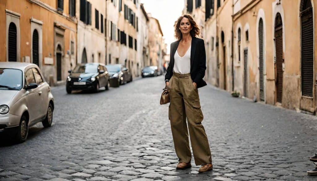 <p>Can you imagine yourself strolling through the busy streets of Paris or sipping espresso at a quaint Italian café, all while exuding an air of timeless luxury in a tailored <a href="https://blog.petitedressing.com/blazer-outfits/" title="">blazer</a>? Well, this piece is a staple of European style, upgrading any outfit with its chi features and profile.</p><p>You may layer it over a crisp white top and pair it with cargo pants for a modern twist on vintage European refinement.</p>