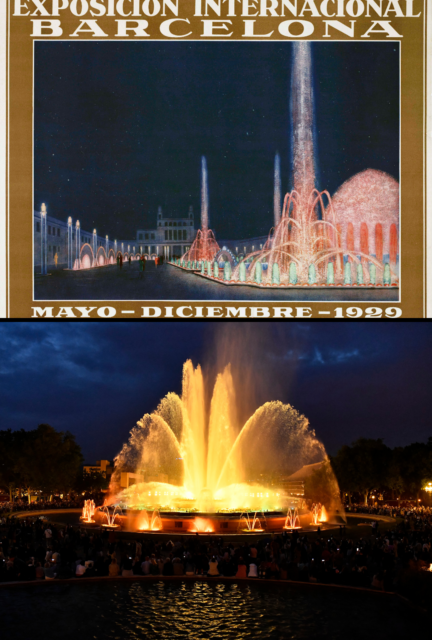 <p class="p1">The Magic Fountain of Montjuïc was built on the Montjuïc mountain for the 1929 Barcelona International Exposition. The project was so large that it required <a href="https://www.barcelona.cat/en/what-to-do-in-bcn/magic-fountain/history#:~:text=That%20was%20when%20Carles%20Buigas,be%20the%20Expo's%20main%20thoroughfare" rel="noopener">over 3,000 workers</a> to see its completion, but hard work allowed the first show to take place the day before the start of the Exposition. Serving as one of the first water displays of its kind, the fountain continues to perform shows every weekend.</p>