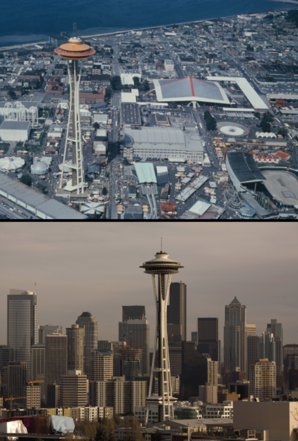 <p class="p1">Constructed for the 1962 World’s Fair, the Space Needle was inspired by the age of the Space Race. At the time, it stood as the tallest structure west of the Mississippi River at a height of 605 feet, with a <a href="https://www.abandonedspaces.com/public/sanzhi-taiwan.html" rel="noopener">UFO-shaped</a> structure at its top. The tower was a huge success at the fair that year and has since become a symbol of the city of Seattle.</p>
