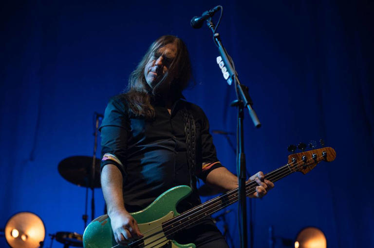 Jimmy Eat World bassist Rick Burch performs on Sunday, March 4, 2024, at Golden 1 Center as his group opens for Fall Out Boy.