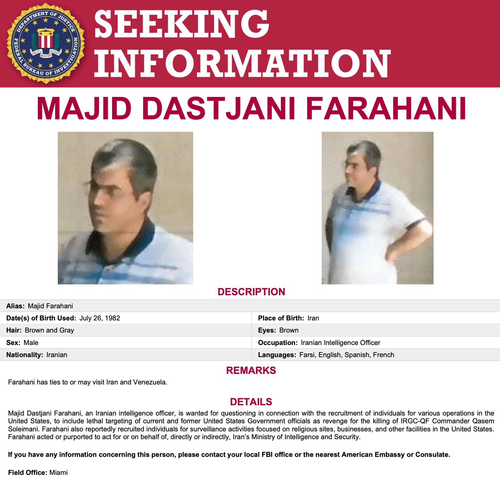 fbi hunting for iranian intelligence officer suspected of plotting to kill us officials