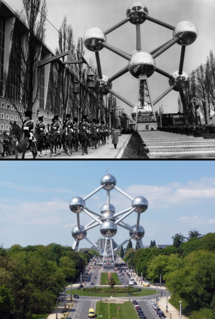 <p class="p1">Constructed as the centerpiece of the 1958 Brussels World’s Fair, the Atomium was a product of the Atomic Age. Built to resemble an atom enlarged <a href="https://atomium.be/the_shape_of_the_atomium" rel="noopener">165 billion times</a>, the structure involves nine spheres, all connected, many of which are visitable by tourists. Its tallest point reaches 335 feet tall, and the highest sphere offers a restaurant and a panoramic view of the city.</p>