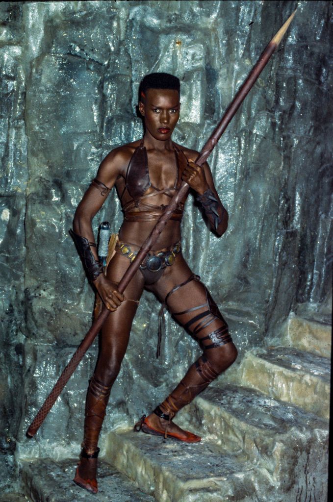 <p>Jones on the set of the film <em>Conan the Destroyer </em>which she filmed in 1983. She plays the bandit warrior Zula, who joins Arnold Schwarzenegger's hero Conan on his quest in this sword and sorcery flick.</p>