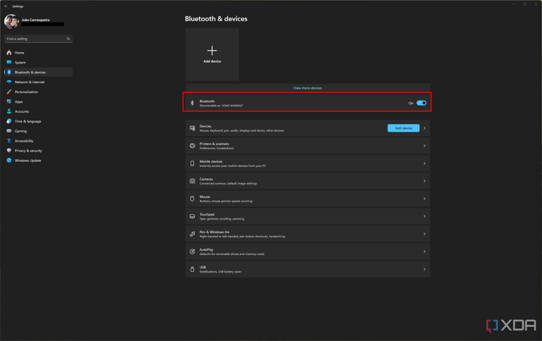 Screenshot of the Bluetooth & Devices page in Windows 11 with Bluetooth enabled