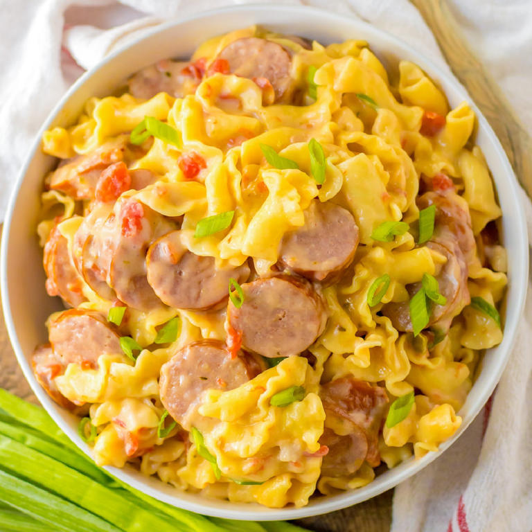 One Pot Cheesy Smoked Sausage Pasta Skillet