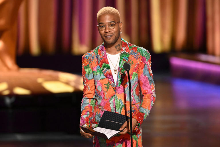 EXCLUSIVE - Kid Cudi presents the Emmy for outstanding music direction during night two of the Television Academy's 75th Creative Arts Emmy Awards at the Peacock Theater on Sunday, Jan. 7, 2024 in Los Angeles (Photo by Phil McCarten/Invision for the Television Academy/AP Images)