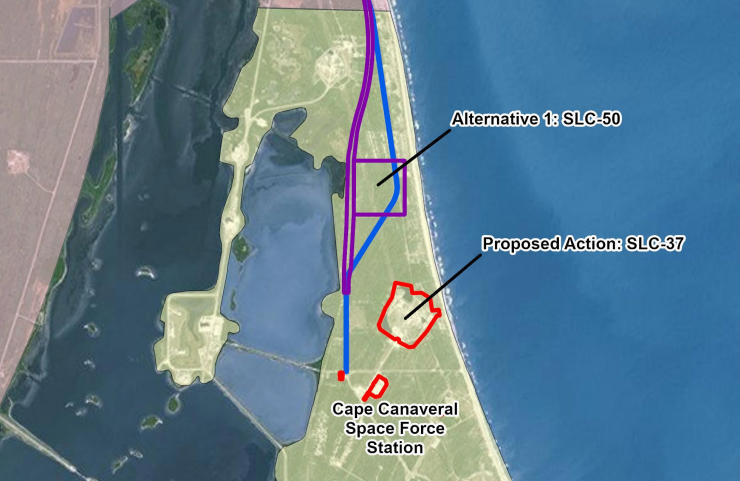 Two proposed alternative sites that could be home for SpaceX Starship and Super Heavy rocket launches at Cape Canaveral Space Force Station.