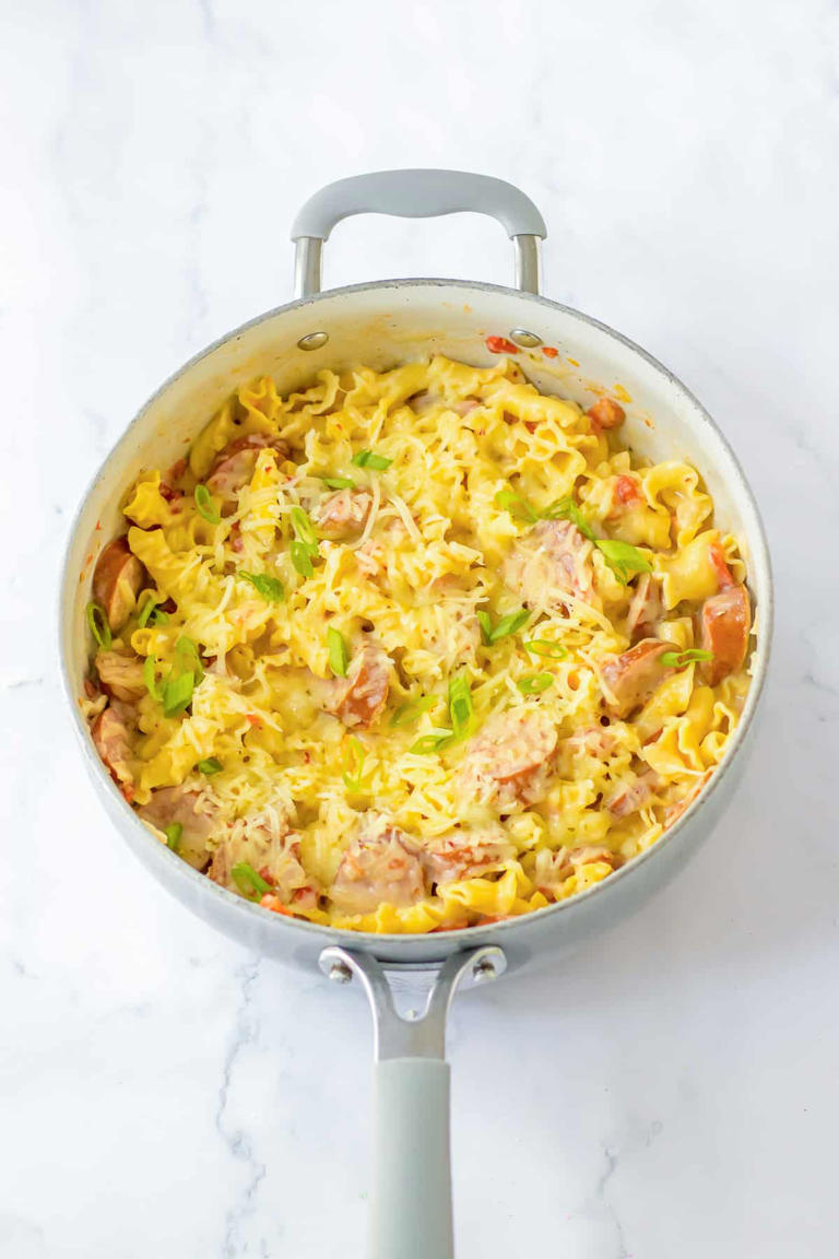 One Pot Cheesy Smoked Sausage Pasta Skillet