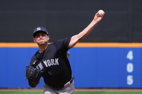 Mar 5, 2024; Port St. Lucie, Florida, USA; New York Yankees pitcher Tanner Tully (84) warms-up before the bottom of the first inning against the New York Mets at Clover Park. Mandatory Credit: Jim Rassol-USA TODAY Sports