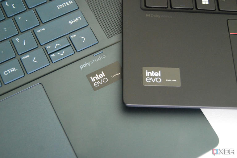 Intel Evo badges on the HP Spectre x360 16 and ThinkPad X1 Carbon