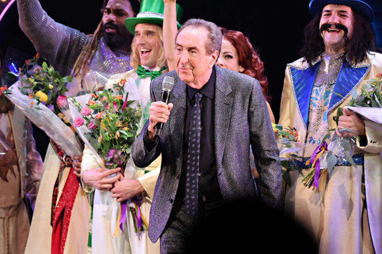 Eric Idle speaks during "Spamalot" Opening Night curtain call at St. James Theatre on Nov. 16, 2023 in New York City. (Photo by Cindy Ord/Getty Images)