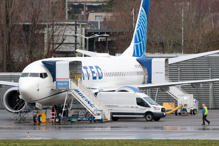 A Boeing 737 MAX 8 for United Airlines parked at Renton Municipal Airport adjacent to Boeing's factory in Renton, Washington, on Jan. 25, 2024.
