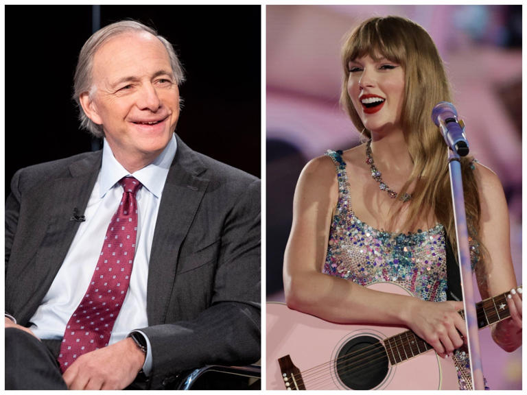 Ray Dalio in 2018 and Taylor Swift performing in Singapore this year. Roy Rochlin, Ashok Kumar TAS24/Getty Images