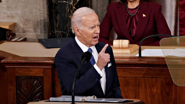 President Joe Biden speaks during a State of the Union address at the US Capitol in Washington, DC, US, on Tuesday, Feb. 7, 2023. Biden is speaking against the backdrop of renewed tensions with China and a brewing showdown with House Republicans over raising the federal debt ceiling.