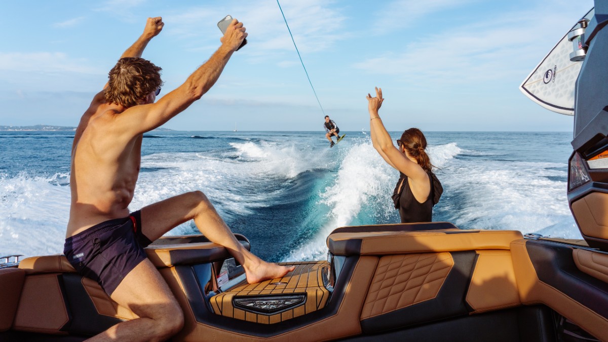 <p><em>Loon’</em>s activities regularly catch the eyes of onlookers. The vessel’s G23 Nautique is ideal for wake surfing. However, when chartering, the professional poker player and influencer Dan Bilzerian decided to take water stunts up a notch or two and wake-surf behind the yacht itself. While <em>Loon</em> regularly has “tons of A-listers” on board doing epic things, stunts are also for the crew. For its Instagram feed, the crew have leaped over the bow dressed as Thanksgiving turkeys and pulled off impressive kitesurfing jumps. The next booked charter will include magicians, helicopters, fire breathers, and a renowned DJ. “We try to make it extraordinary no matter who the guest is,” says Clarke. </p>