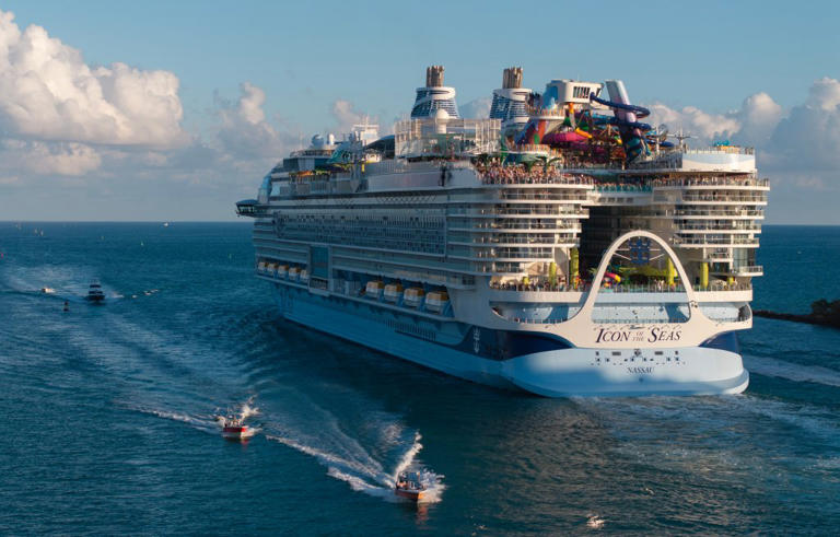 An aerial view of Royal Caribbean's Icon of the Seas, billed as the world's largest cruise ship, as it heads out to sea for its second voyage from Port Miami on February 03, 2024. The cruise ship encountered a small boat in distress on March 3, 2024 and rescued 14 individuals who had been stranded at sea, the company states.