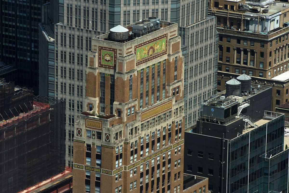 <p>With 38 stories, the <a href="https://www.hmdb.org/m.asp?m=145111">Fred F. French Building</a> was the tallest building on Fifth Avenue when completed in 1927 by architects H. Douglas Ives, John Sloan, and T. Markoe Robertson. </p><p>Home to a prominent real estate firm, this building is adorned with limestone, brick and terra cotta with setbacks and colorful bas relief friezes with Babylonian imagery. The gorgeous interior features travertine floors, marble walls, and cast bronze.</p>