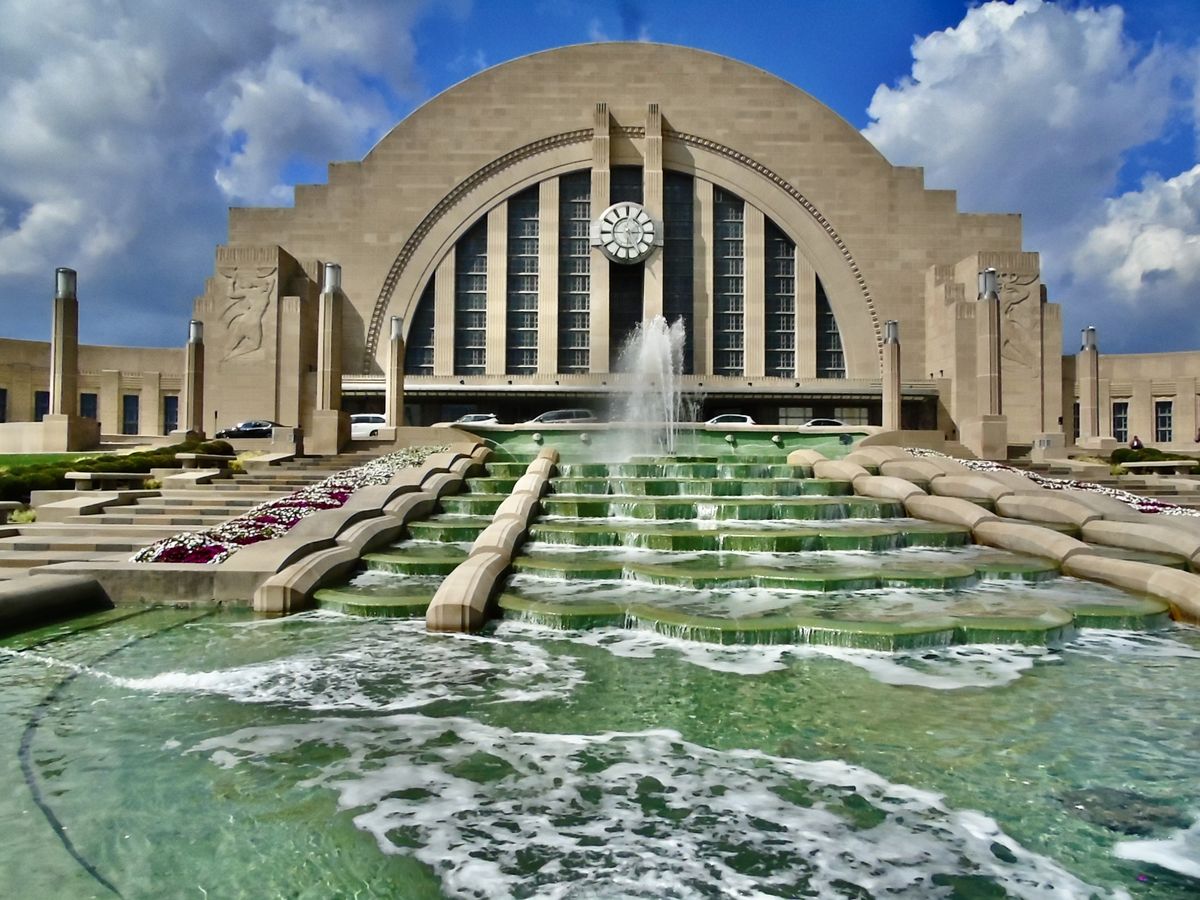<p>Opened in 1933, <a href="https://www.cincymuseum.org/union-terminal/">Cincinnati Union Terminal</a> was one of the last grand train stations opened in the country. It boasts the largest half-dome in the Western Hemisphere and could accommodate up to 217 trains per day.</p><p>Fifteen local businesses—including a pianomaker and a leather producer— were represented in the industrial mosaics, a classic interpretation of Art Deco as advertising. The terminal is now a museum.</p>