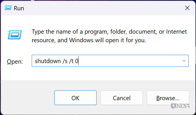 Screenshot of the Run dialog in Windows 11 with a shutdown command entered in the text field