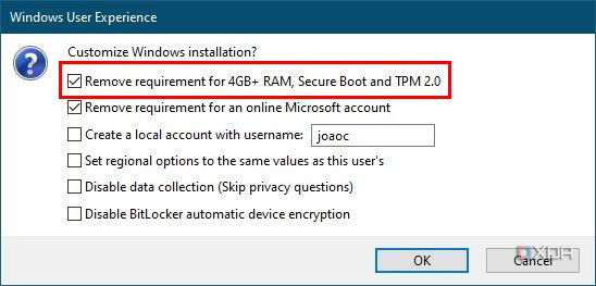 Screenshot of installation customization options in Rufus, with the requirements for 4GB of RAM, Secure Boot, and TPM 2.0 removed