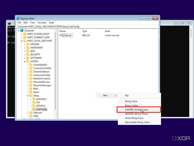 Screenshot of Registry Editor during Windows 11 setup with the option to create a new value highlighted