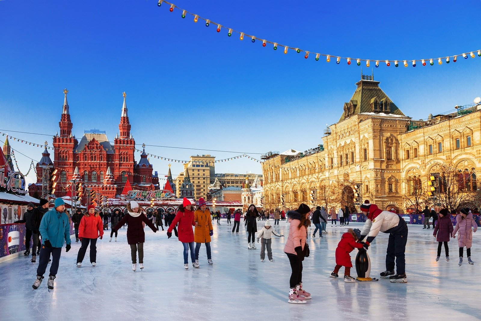 <p><span>The Red Square Rink in Moscow is set in one of Russia’s most historic and iconic locations. Situated beside the Kremlin and St. Basil’s Cathedral, the rink offers a chance to skate in the shadow of these famous landmarks.</span></p> <p><span>The rink is part of the GUM department store’s winter market, which includes festive stalls and decorations. Skating at the Red Square Rink is an immersion in Russian history and culture set against the backdrop of Moscow’s winter landscape. </span></p> <p><b>Insider’s Tip: </b><span>Visit the GUM market for traditional Russian winter snacks and souvenirs. </span></p> <p><b>When to Travel: </b><span>November to February for the winter season. </span></p> <p><b>How to Get There: </b><span>Fly to Moscow Sheremetyevo International Airport and travel to Red Square.</span></p>