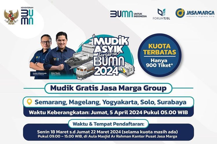 Mudik Gratis Jasa Marga 2024 Syarat, Cara Daftar, dan Rute