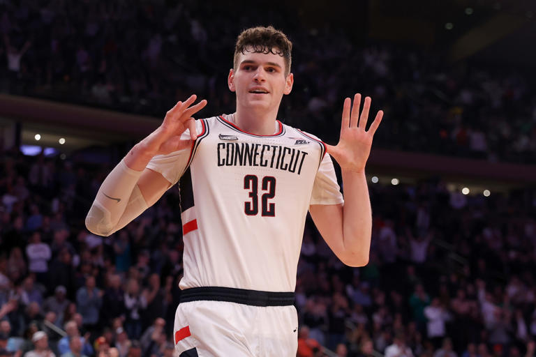 Connecticut center Donovan Clingan (32) reacts during the second half of the Big East championship game against Marquette at Madison Square Garden in New York on March 16, 2024.