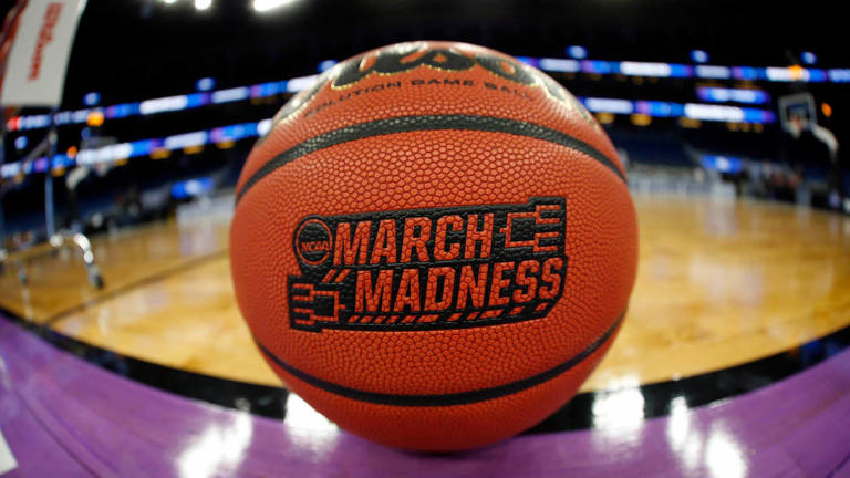 Mar 16, 2017; Orlando, FL, USA; General view of a March Madness basketball prior to the game between the Maryland Terrapins and the Xavier Musketeers in the first round of the NCAA Tournament at Amway Center.