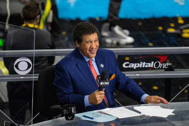 CBS announcer Greg Gumbel prior to the national championship game in the Final Four of the 2021 NCAA Tournament between the Gonzaga Bulldogs and the Baylor Bears at Lucas Oil Stadium.