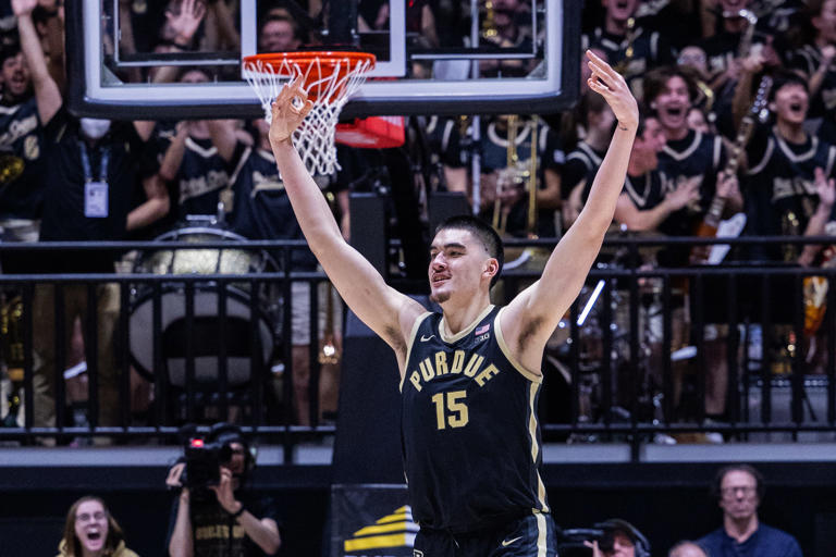 Feb 10, 2024; West Lafayette, Indiana, USA; Purdue Boilermakers center Zach Edey (15) celebrates a made basket in the second half against the Indiana Hoosiers at Mackey Arena. Mandatory Credit: Trevor Ruszkowski-USA TODAY Sports