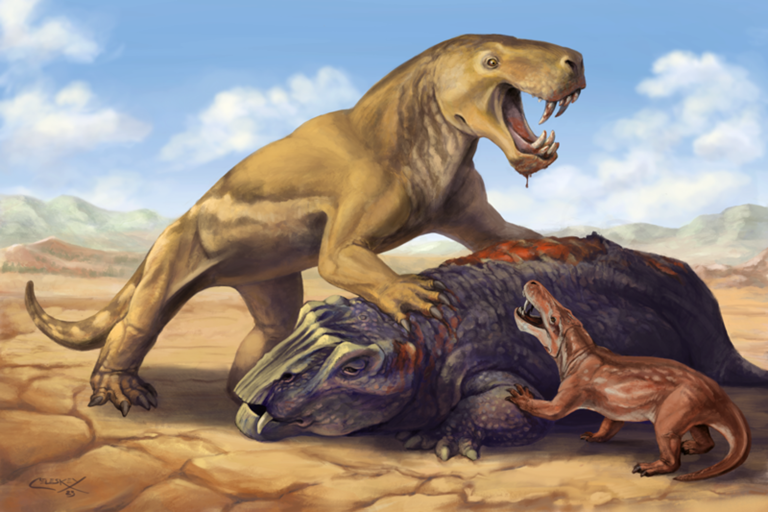 Durante o Pérmico tardio, era possível encontrar predadores como o gorgonopsídeo gigante Inostrancevia. Nesta imagem, encontra-se ao lado da sua presa, um dicinodonte, enquanto afugenta a espécie Cyonosaurus, muito mais pequena.