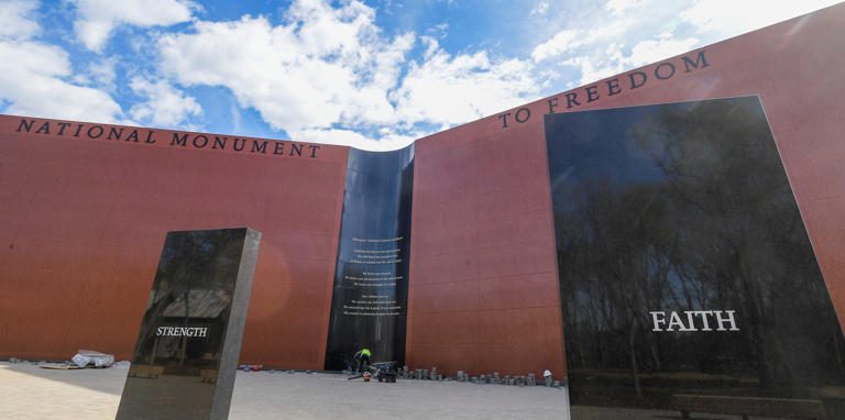 The National Monument to Freedom, displaying surnames of former slaves from the 1870 census, stands at the Equal Justice Initiative’s Freedom Monument Sculpture Park in Montgomery, Ala., on Tuesday March 12, 2024.