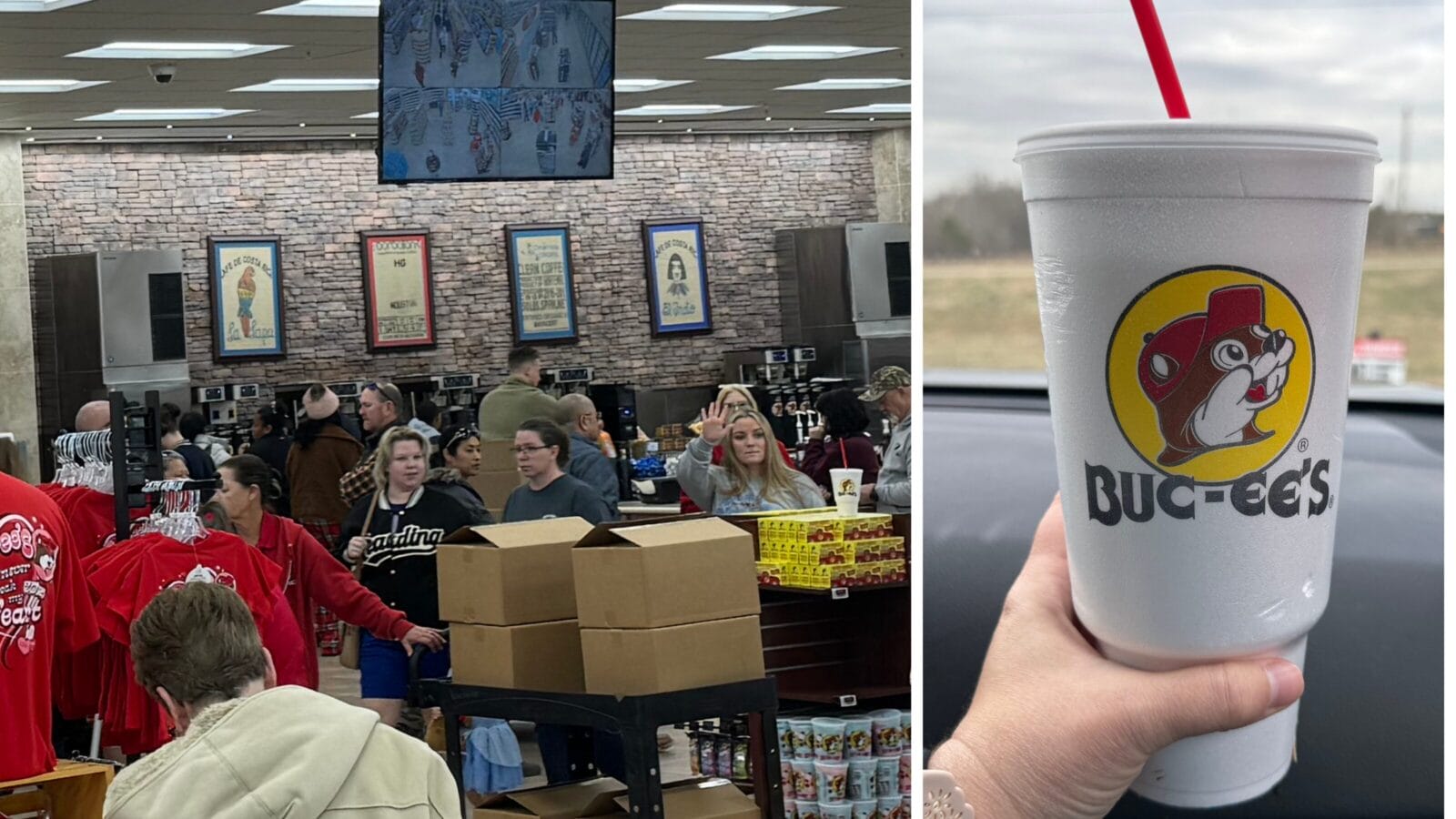 <p>The back wall of Buc-ee’s is devoted to drinks and there is no shortage of options. The tea and coffee dispensers are self serve with an island of sugar packets, creamer and flavor pumps nearby. </p>