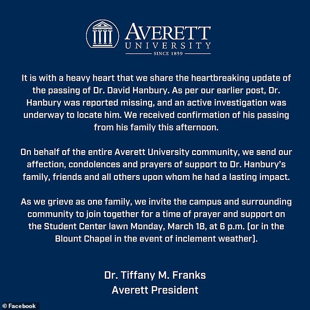 averett university professor dr david hanbury, 37, is found dead after going missing during orlando conference
