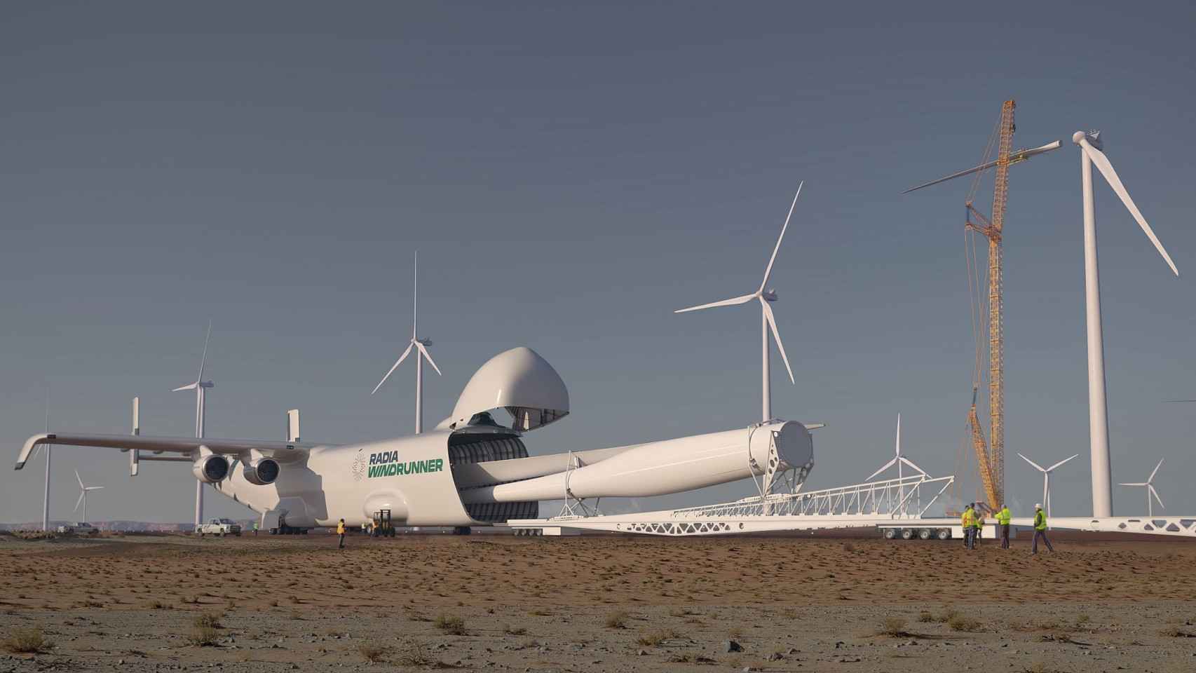 así será windrunner, el avión más grande del mundo: tan largo que puede alojar un aerogenerador en su bodega