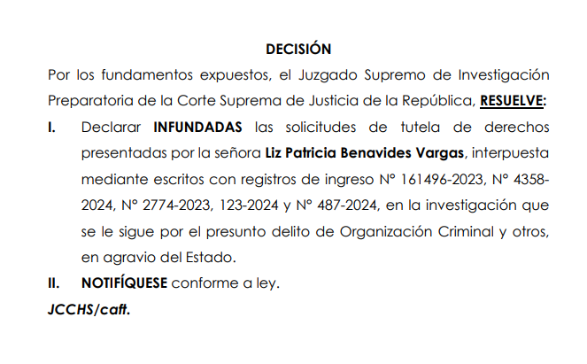 PJ rechaza tutela de derechos de Patricia Benavides y reafirma a Delia Espinoza en la investigación