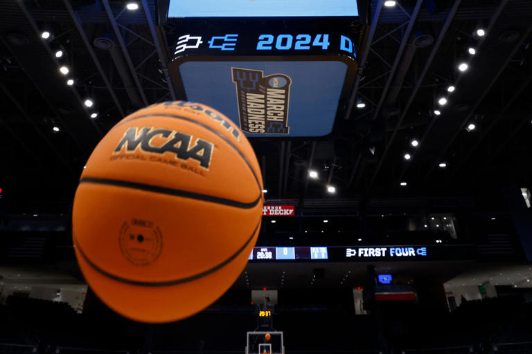 General view of March Madness and an NCAA basketball ahead of the 2024 tournament.