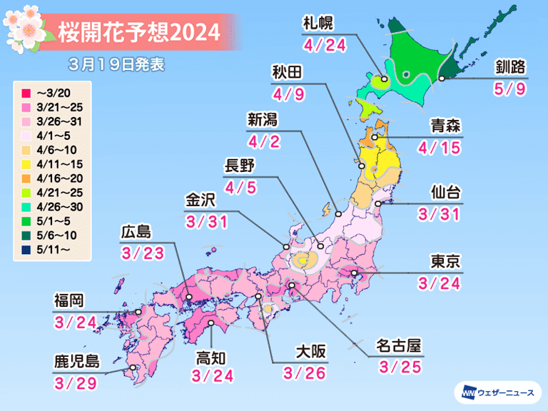 桜開花予想2024　今週末から桜開花スタート　トップは広島で3/23、東京は3/24
