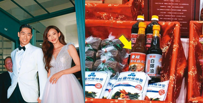 林志玲（左圖）2019年與日籍丈夫在台南舉辦婚禮，台南市政府為林志玲準備的嫁妝中包括東成醬油（右圖箭頭處），讓東城一炮而紅。（台南市政府提供）