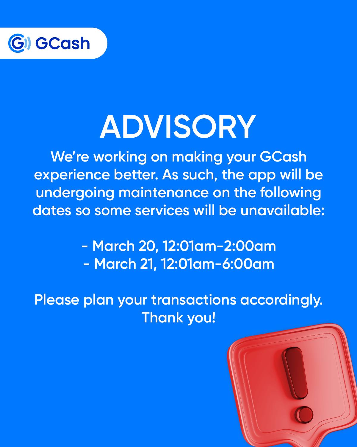 GCash To Undergo Maintenance On March 20, 21