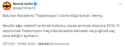 eski trabzonspor yöneticisi nevzat aydın'dan batuhan karadeniz'e: 2010-11 sezonunda trabzonspor maçında berabere kalmaları karşılığında kaç para aldığını açıklasın