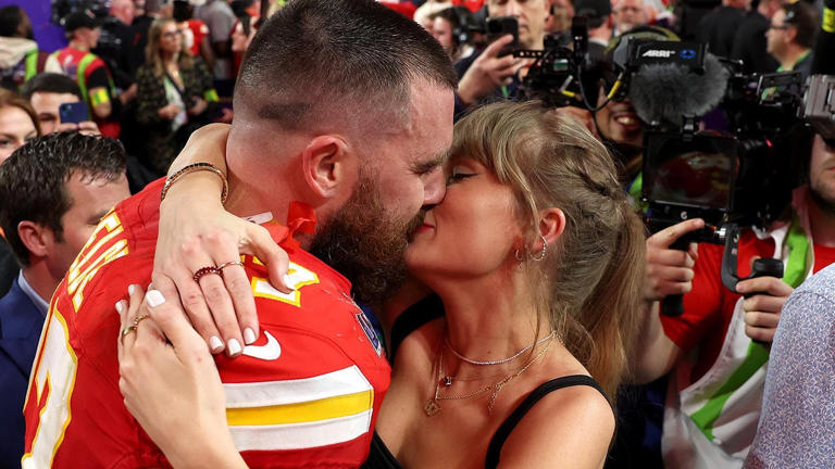 Travis Kelce, #87 of the Kansas City Chiefs, and Taylor Swift embrace after defeating the San Francisco 49ers in overtime during Super Bowl LVIII at Allegiant Stadium on Feb. 11, 2024 in Las Vegas. Ezra Shaw/Getty Images