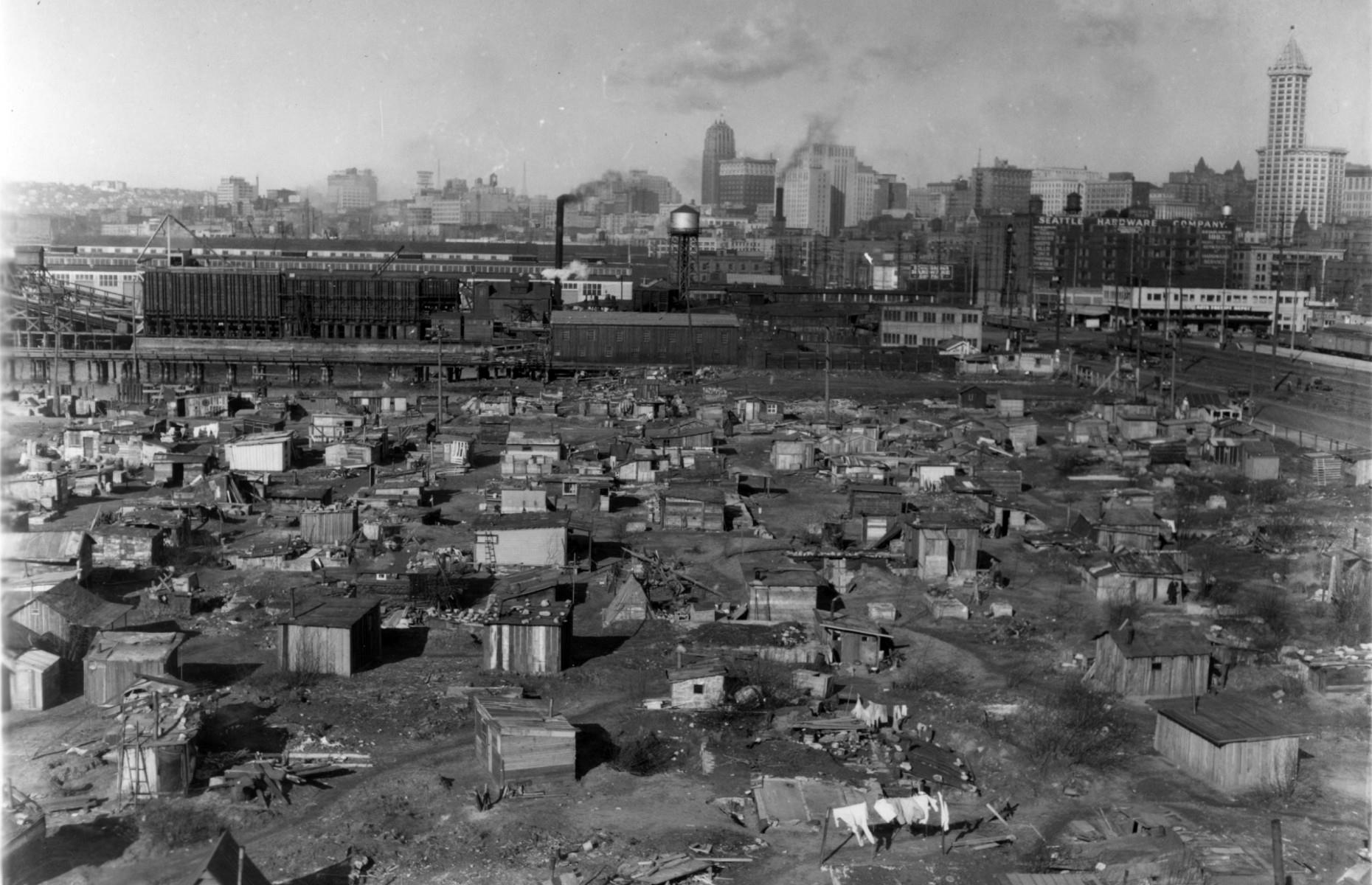 <p>The Bonus Army camp wasn’t the only temporary settlement that arose during the Depression. Hundreds of shantytowns cropped up on the outskirts of cities as unemployed workers were evicted from their homes and built shelters out of whatever they could lay their hands on.</p>  <p>Named Hoovervilles after the increasingly unpopular President Hoover, the shantytowns in St Louis and Seattle (pictured here) were particularly large, with thousands of inhabitants.</p>