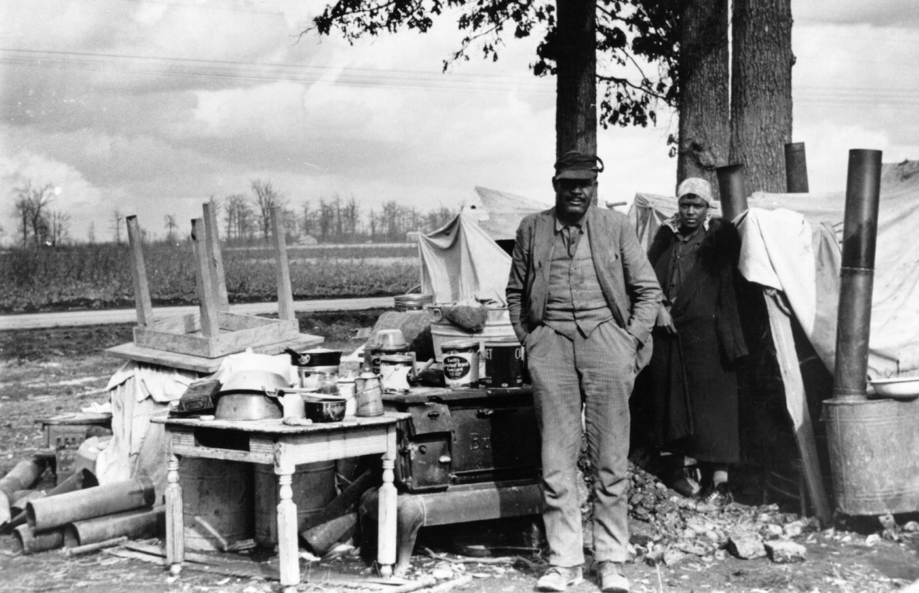 <p>Under the sharecropper farming system, agricultural laborers were given a house and a plot to farm, but they then had to split their profits with their landowners. And when President Roosevelt’s New Deal offered government funds to mechanize farms, landowners responded by laying off their workers.</p>  <p>Tenant farmers who lost their jobs were also kicked out of their homes, like these unfortunate sharecroppers who were evicted from New Madrid in Missouri and joined hordes of displaced workers seeking new lives elsewhere.</p>
