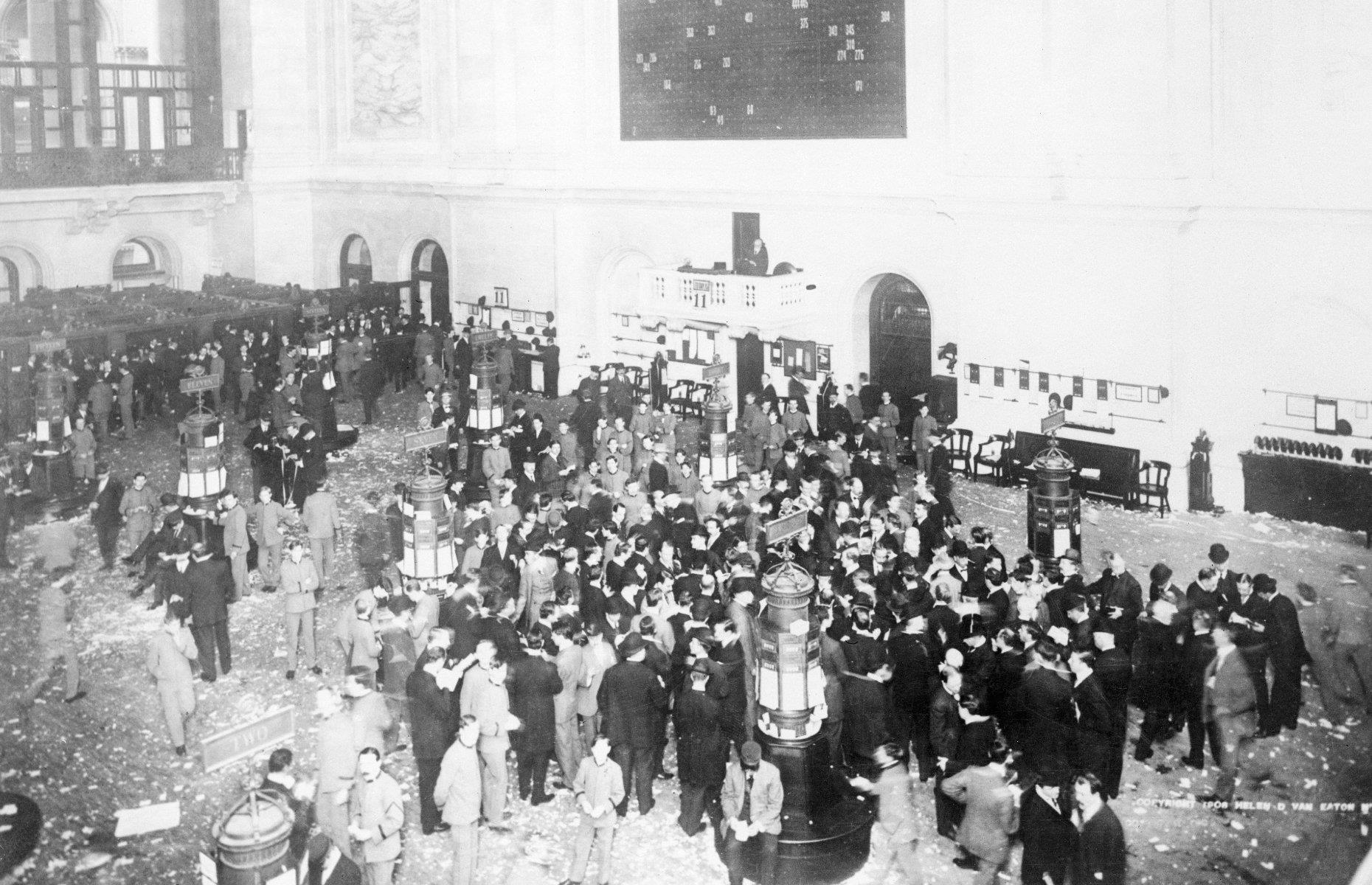 <p>There were few signs of impending economic disaster during the 1920s, a decade so prosperous that Americans called it the Roaring Twenties. Easy credit meant that it wasn’t just traders who could make a quick buck on the Wall Street Stock Exchange trading floor, pictured here.</p>  <p>Ordinary Americans with little understanding of the financial markets were caught up in the speculation, and the boom years came to an abrupt end in 1929 when rumors of an impending recession caused investors to begin selling their stocks.</p>