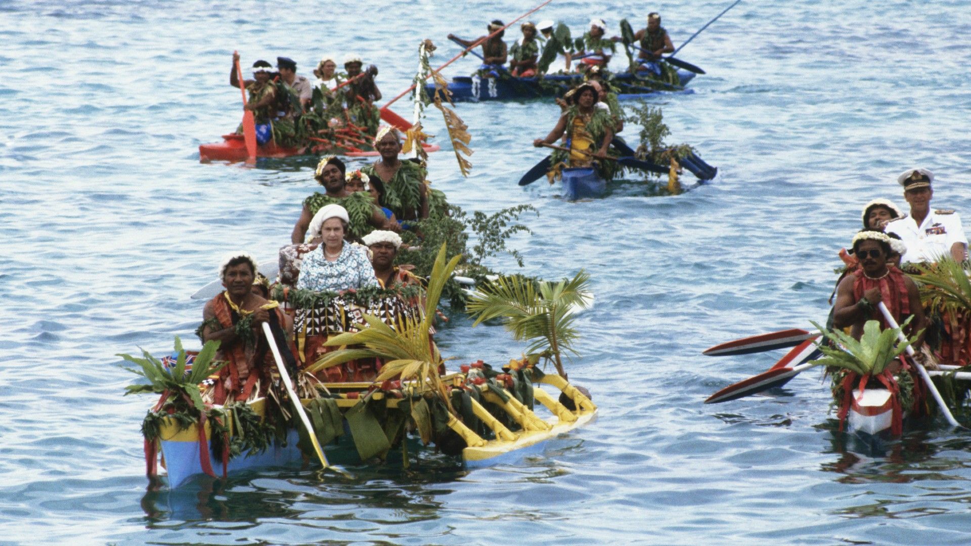 <p>                     On the Queen and Elizabeth’s trip to Tuvalu in October of 1982 – their first royal trip to the island nation – the couple travelled there and back in the Royal Yacht Britannia, which they also used to move around the island.                   </p>                                      <p>                     But the yacht was unable to dock in the shallow water around Tuvalu, so the couple were required to be transported from the yacht to the shore and back, giving us one of the best Queen Elizabeth tour moments ever. The Queen and Philip were transported on a fleet of canoes that had been elaborately decorated by the locals, with the monarch in one and her husband in another. What a great moment!                   </p>