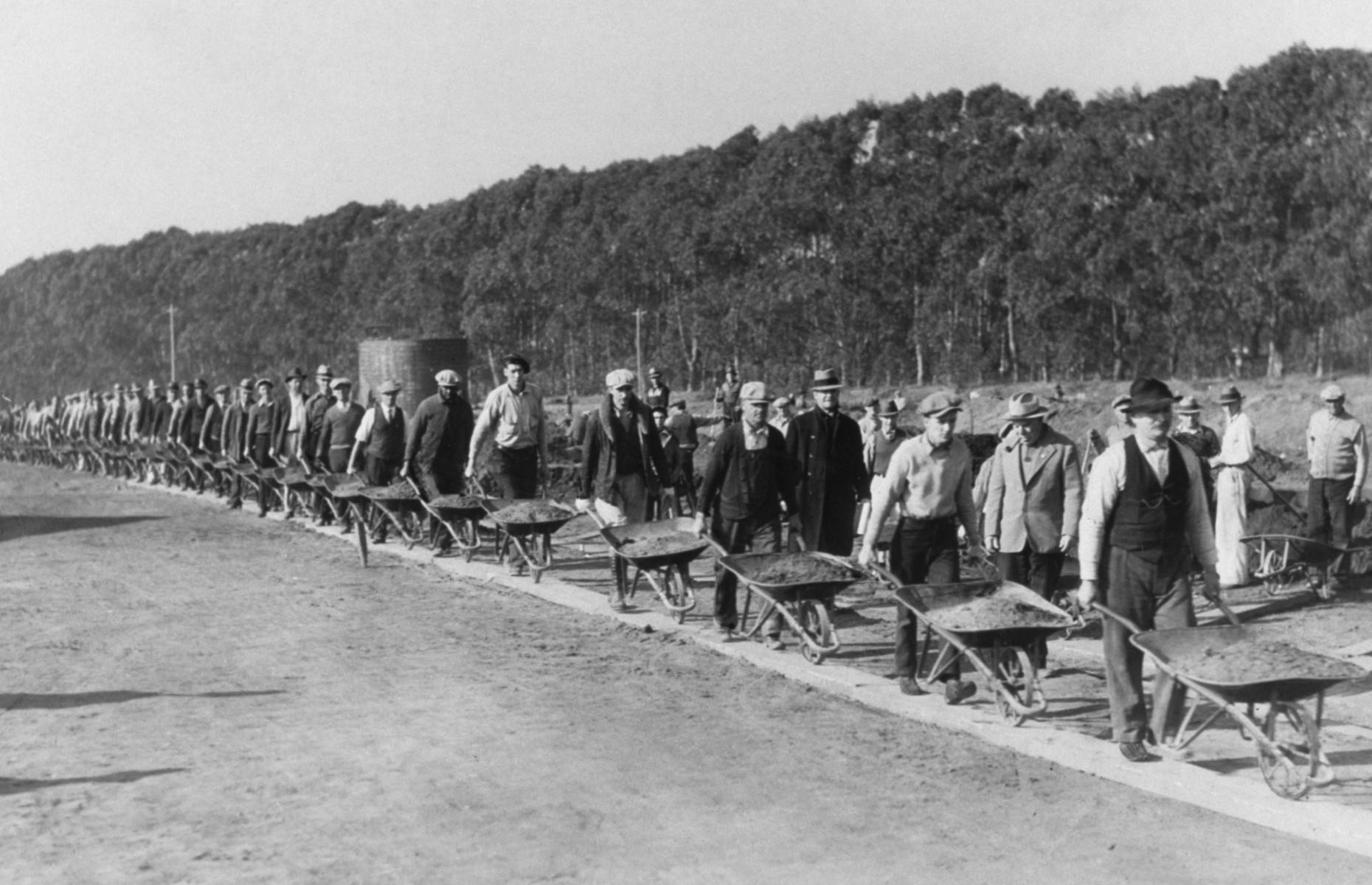 <p>As the Depression continued, President Roosevelt pushed for more money to be spent on job creation projects, but his critics complained that the money was being wasted. These workers from the Civil Works Administration are building the Lake Merced Parkway Boulevard in San Francisco, but an inflated workforce made the road-building process inefficient and expensive.</p>  <p>Site managers struggled to find enough meaningful jobs and some laborers were set useless tasks like digging and refilling ditches and breaking rocks with sledgehammers.</p>