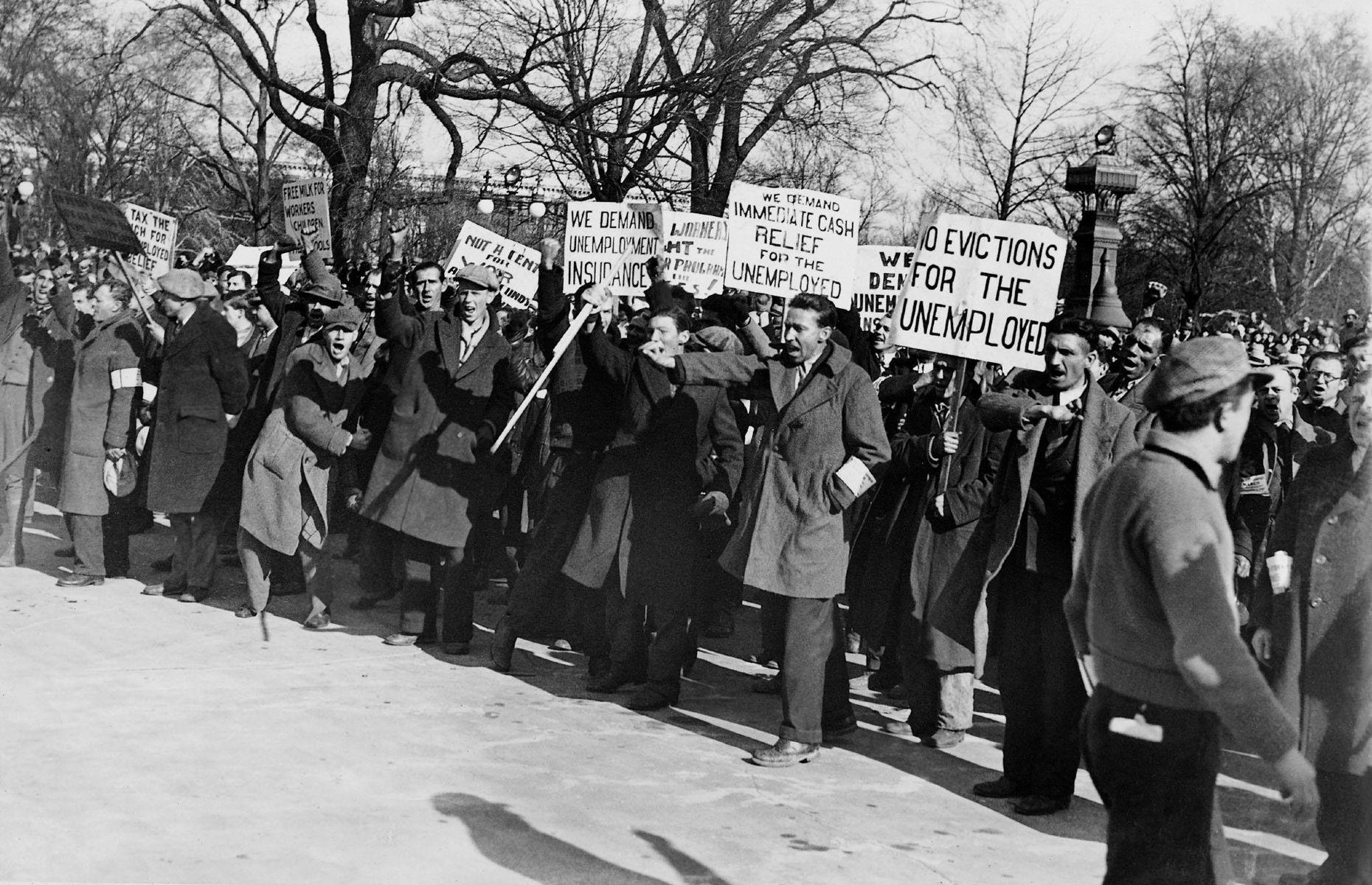 <p>The occasional free meal wasn’t enough for most unemployed workers, who wanted the government to provide more support. In December 1931, 1,670 hunger marchers converged on Washington DC, having set out in four columns from Boston, Buffalo, Chicago, and St Louis.</p>  <p>They insisted that the government provide financial relief and insurance, but political leaders in Congress refused to meet with them and the marchers returned home no better off than when they left.</p>